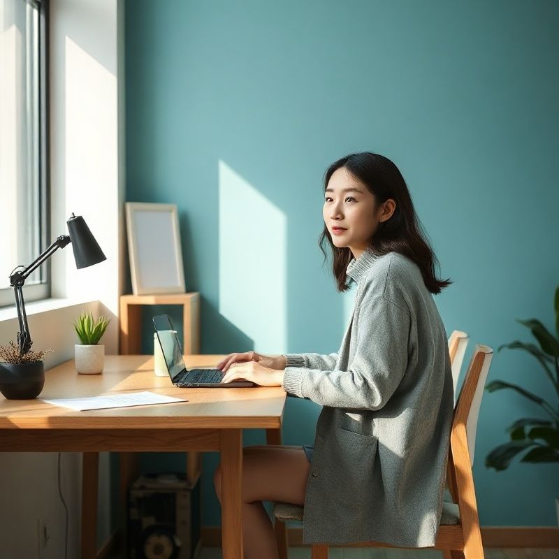 청록빛 벽면 앞 나무 책상에 앉아 있는 서울 성수동 디자이너